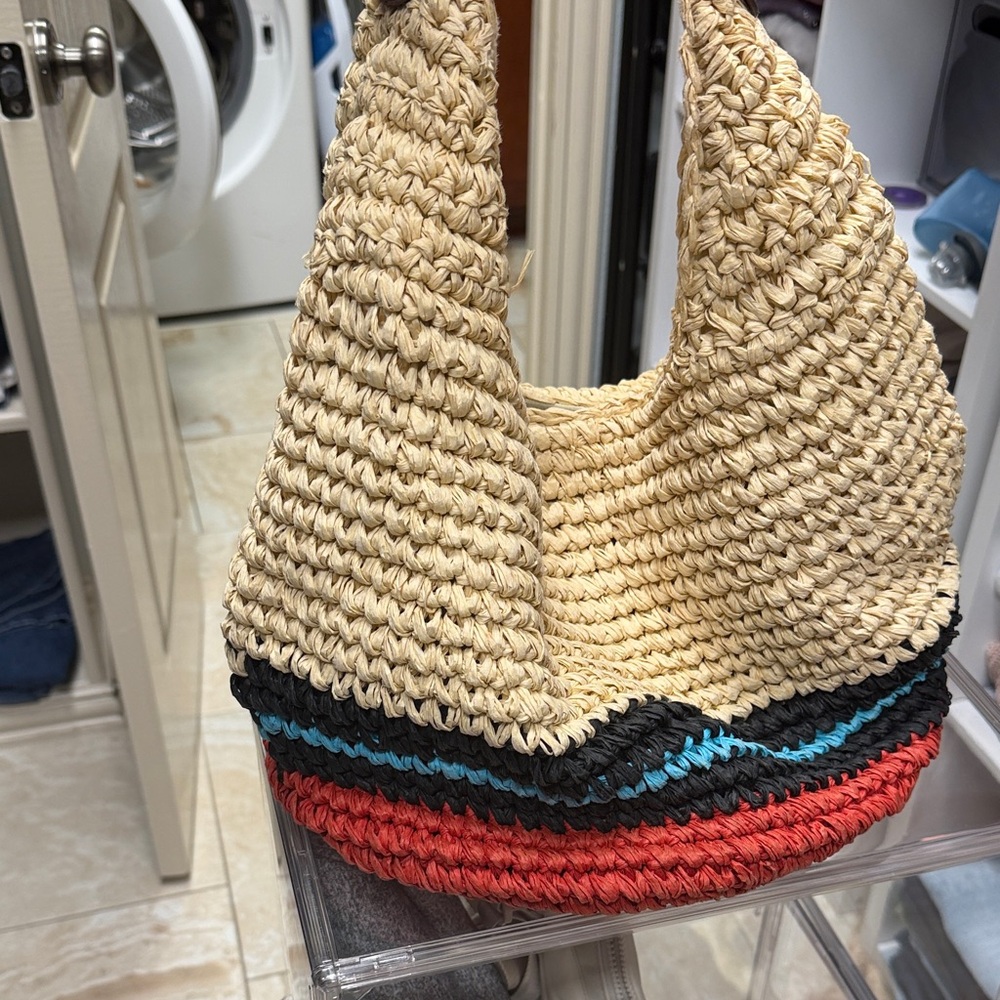 Woven Straw Hobo Bag with Multicolor Stripes